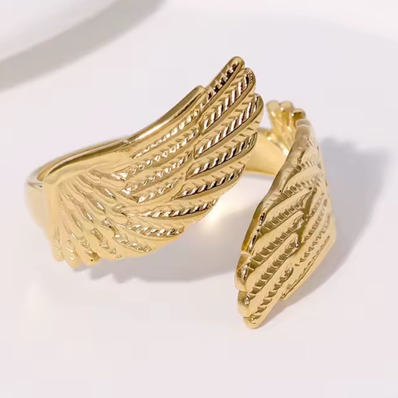 Stainless Steel Gold Toned Irregular Texture Wings Adjustable Size Ring (R17) - Picture 9 of 9